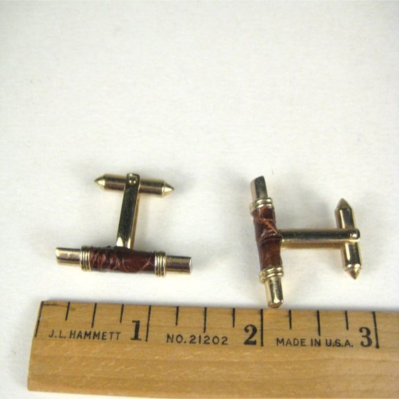 Leather Goldtone Set 2 Cufflink Vintage Bullet MCM MOD Midcentury Modern - Picture 2 of 6